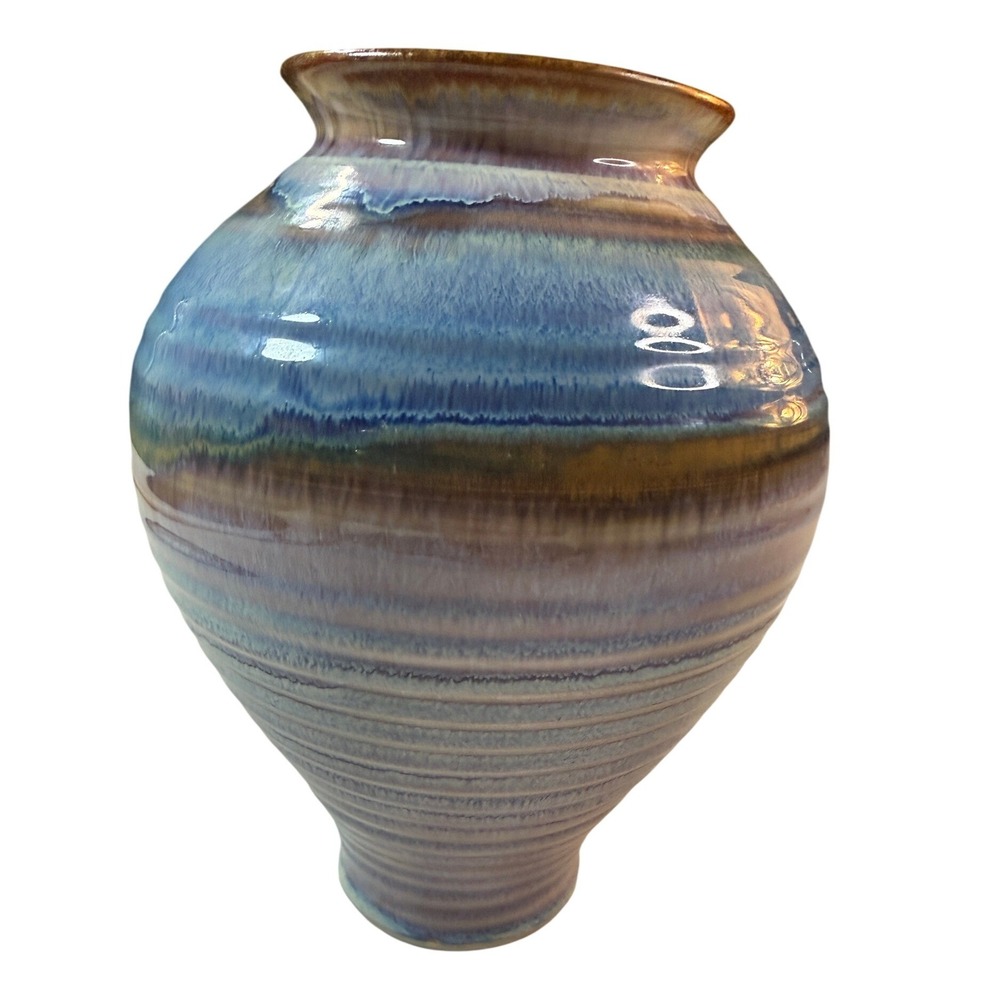 Vintage Studio Pottery Vase Blue‎ Brown Drip Glaze MCM Handmade Wheel Thrown Art